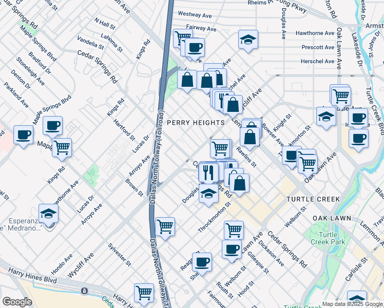 map of restaurants, bars, coffee shops, grocery stores, and more near 3101B Wycliff Avenue in Dallas
