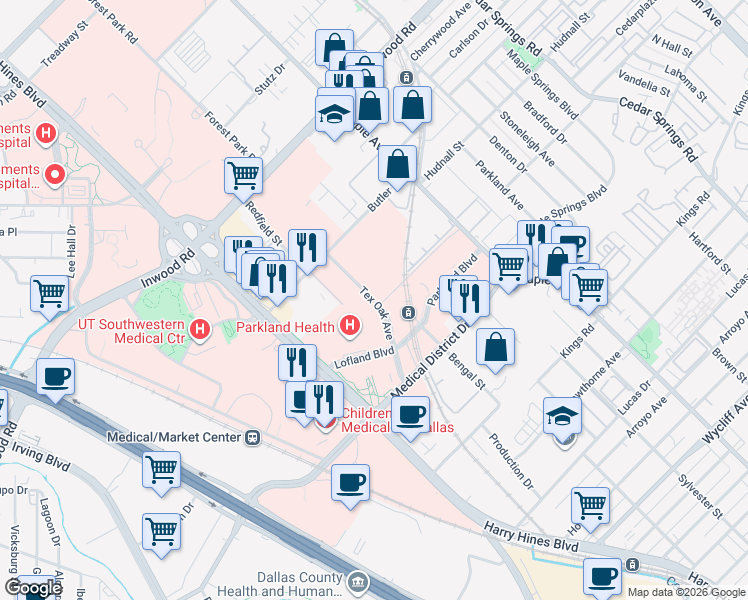 map of restaurants, bars, coffee shops, grocery stores, and more near 5222 Redfield Street in Dallas