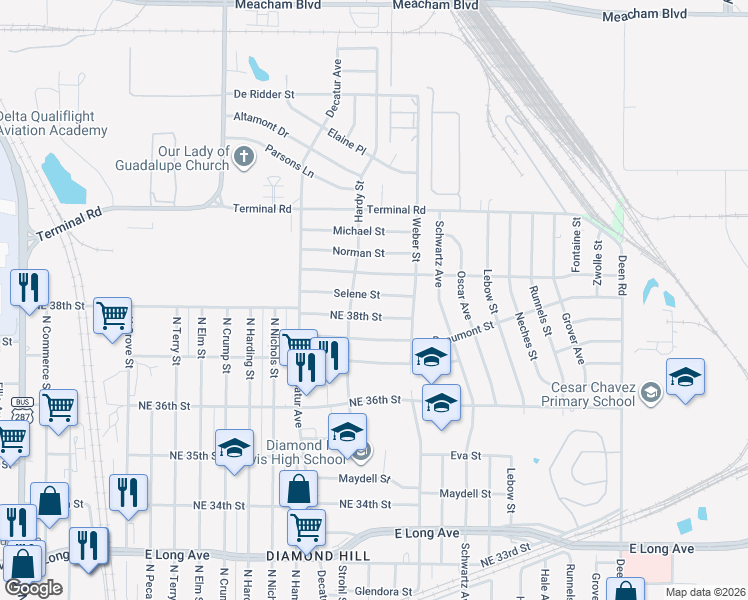 map of restaurants, bars, coffee shops, grocery stores, and more near 1516 Selene Street in Fort Worth