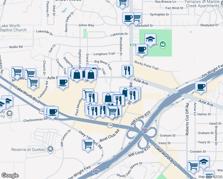 map of restaurants, bars, coffee shops, grocery stores, and more near 6201 Azle Avenue in Lake Worth
