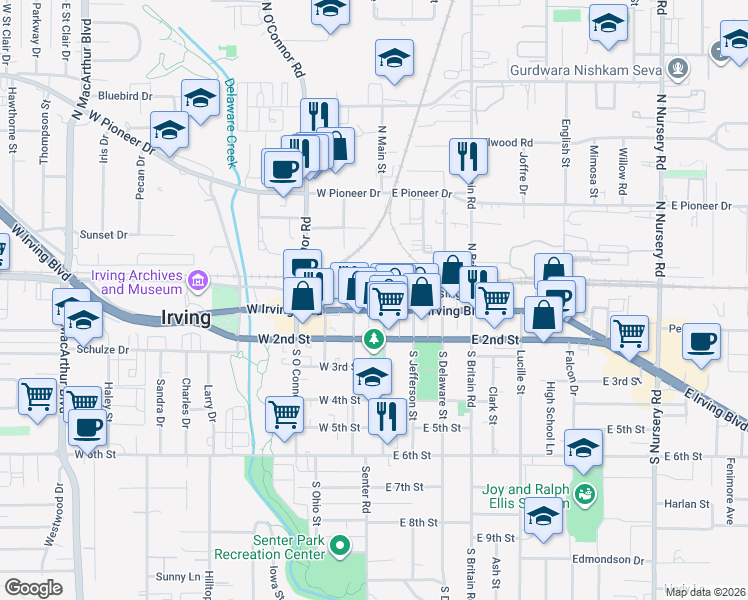 map of restaurants, bars, coffee shops, grocery stores, and more near 117 West Irving Boulevard in Irving