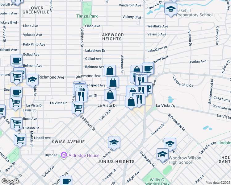 map of restaurants, bars, coffee shops, grocery stores, and more near 6255 Oram Street in Dallas