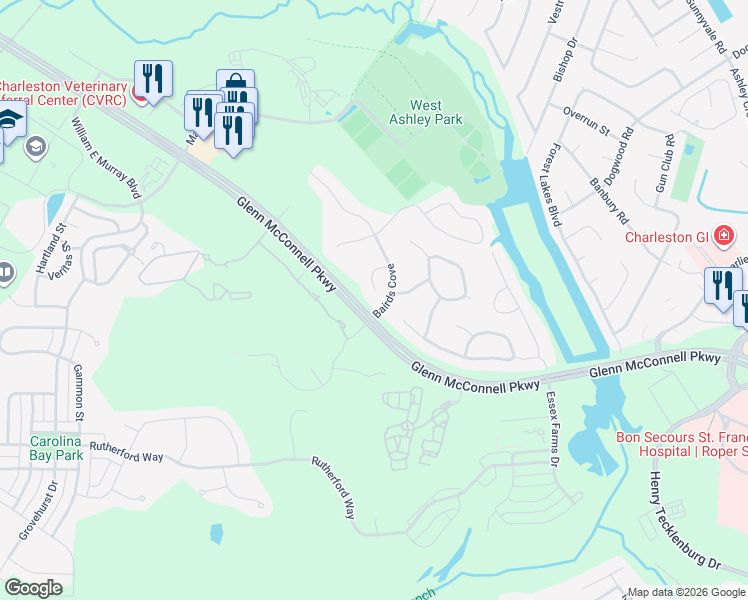 map of restaurants, bars, coffee shops, grocery stores, and more near 1701 Fox Ridge Court in Charleston