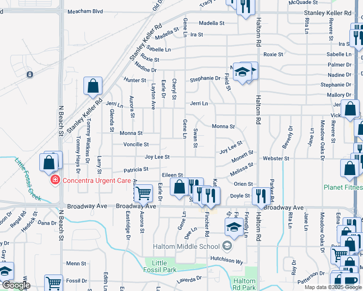 map of restaurants, bars, coffee shops, grocery stores, and more near 3508 Gene Lane in Fort Worth