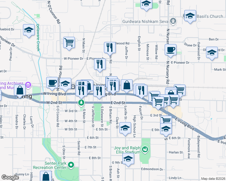 map of restaurants, bars, coffee shops, grocery stores, and more near 405 East Irving Boulevard in Irving