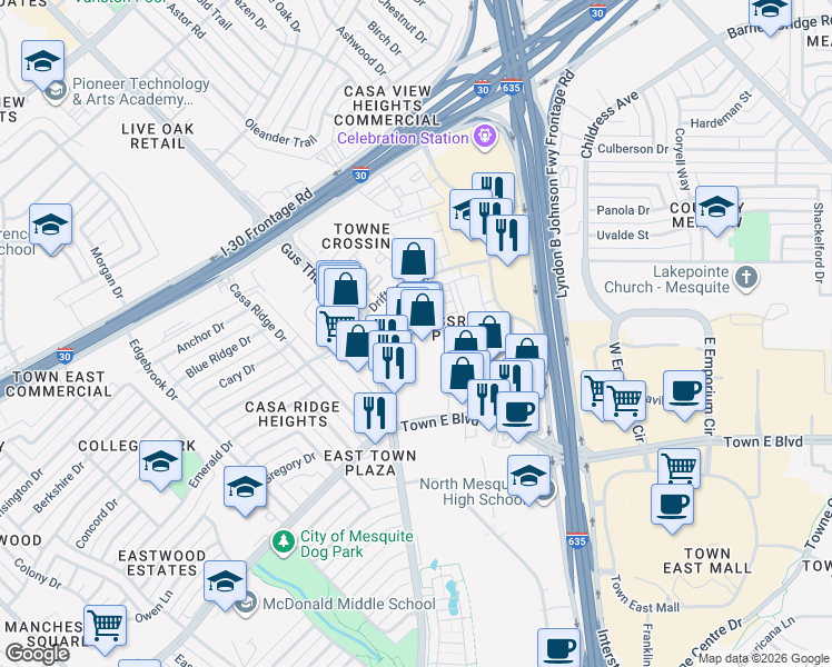 map of restaurants, bars, coffee shops, grocery stores, and more near 3600 Gus Thomasson Road in Mesquite