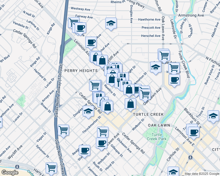 map of restaurants, bars, coffee shops, grocery stores, and more near 3403 Knight Street in Dallas