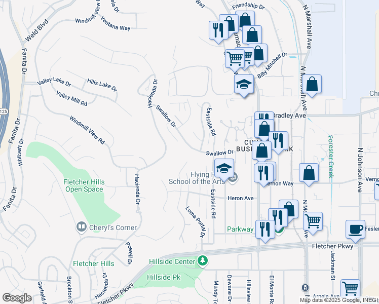 map of restaurants, bars, coffee shops, grocery stores, and more near 1605 Swallow Drive in El Cajon