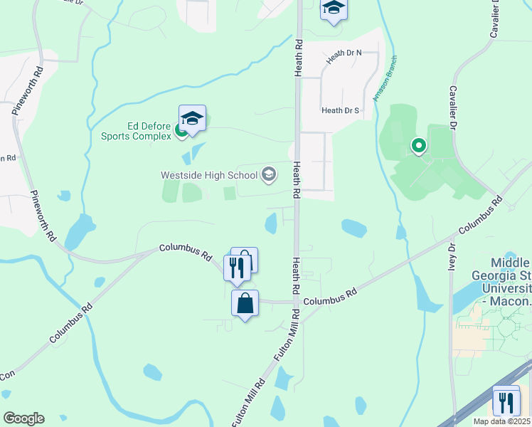 map of restaurants, bars, coffee shops, grocery stores, and more near 344 Pond View Road in Macon