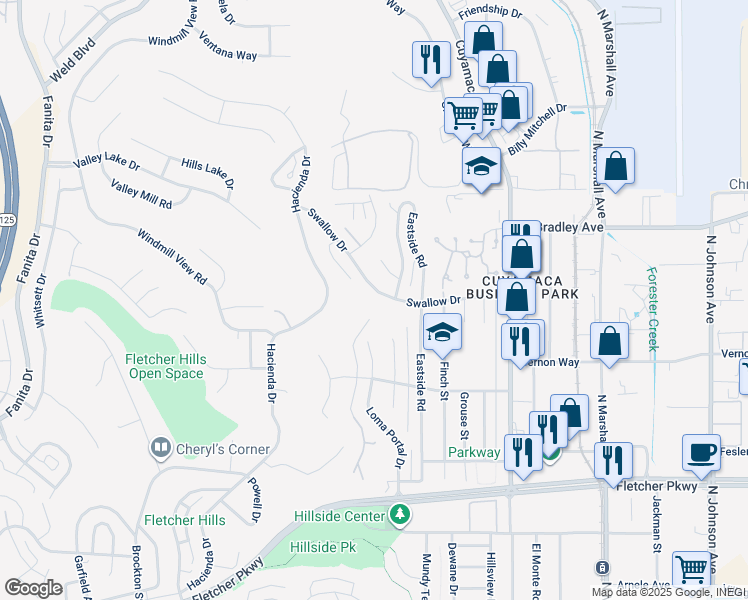 map of restaurants, bars, coffee shops, grocery stores, and more near 1605 Swallow Drive in El Cajon