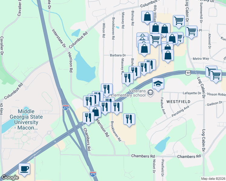 map of restaurants, bars, coffee shops, grocery stores, and more near 4860 Brookhaven Road in Macon