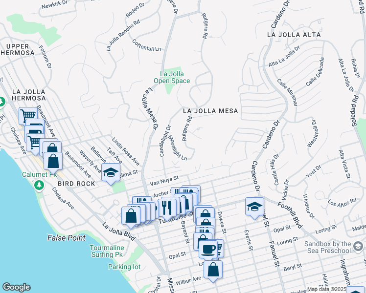 map of restaurants, bars, coffee shops, grocery stores, and more near 5490 Rutgers Road in San Diego