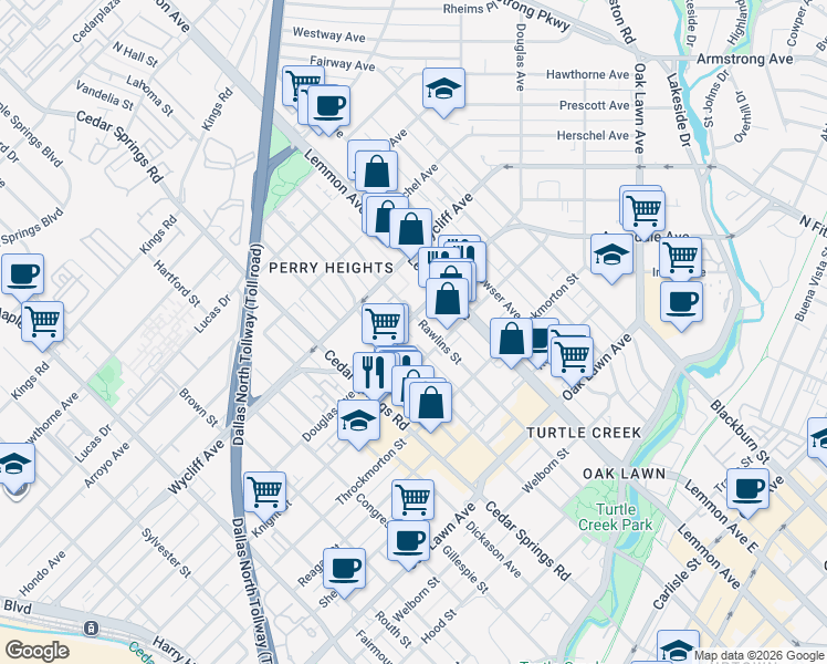 map of restaurants, bars, coffee shops, grocery stores, and more near 3320 Douglas Avenue in Dallas