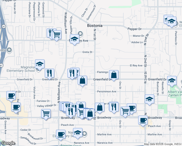 map of restaurants, bars, coffee shops, grocery stores, and more near 1325 5 D Drive in El Cajon