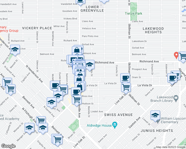 map of restaurants, bars, coffee shops, grocery stores, and more near 2002 Matilda Street in Dallas