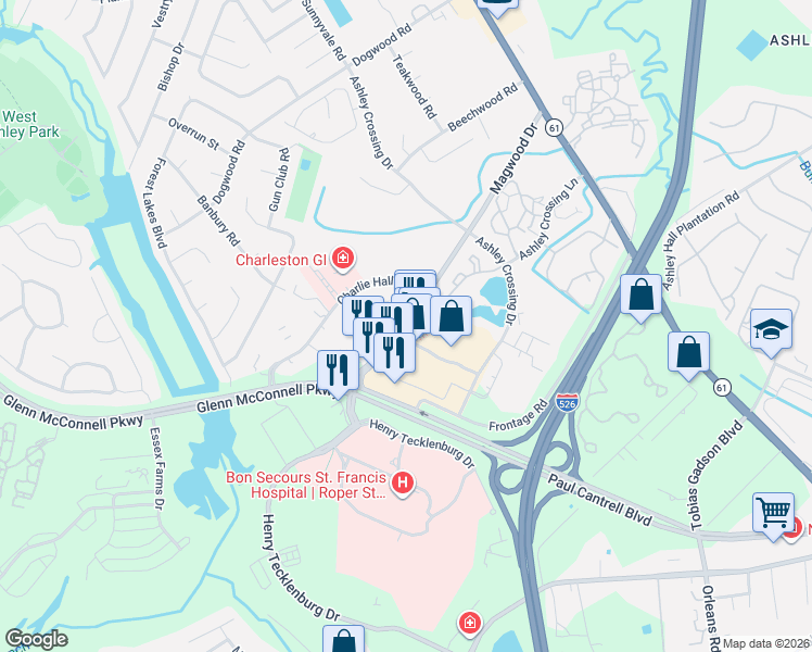 map of restaurants, bars, coffee shops, grocery stores, and more near 1981 Magwood Drive in Charleston