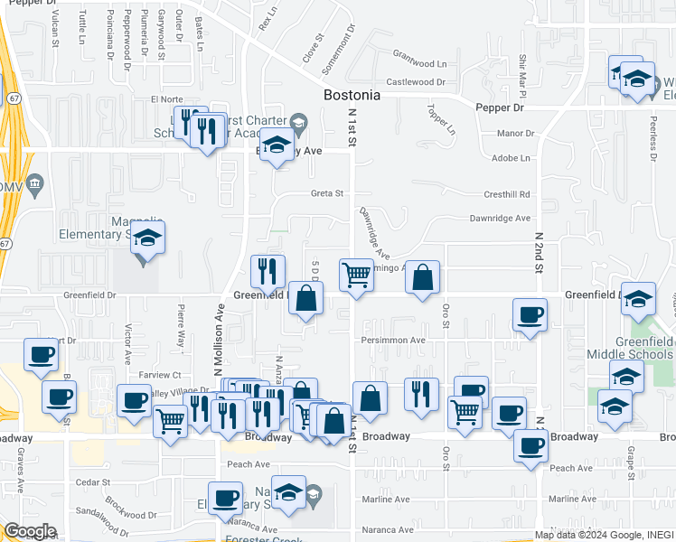 map of restaurants, bars, coffee shops, grocery stores, and more near 1325 5 D Drive in El Cajon