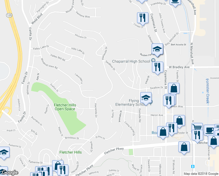 map of restaurants, bars, coffee shops, grocery stores, and more near 1388 Hacienda Drive in El Cajon