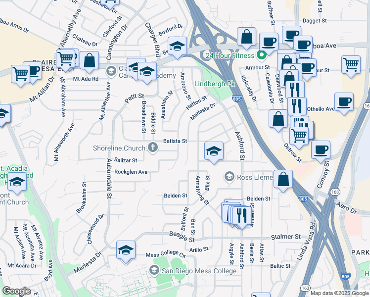 map of restaurants, bars, coffee shops, grocery stores, and more near 3864 Marlesta Drive in San Diego