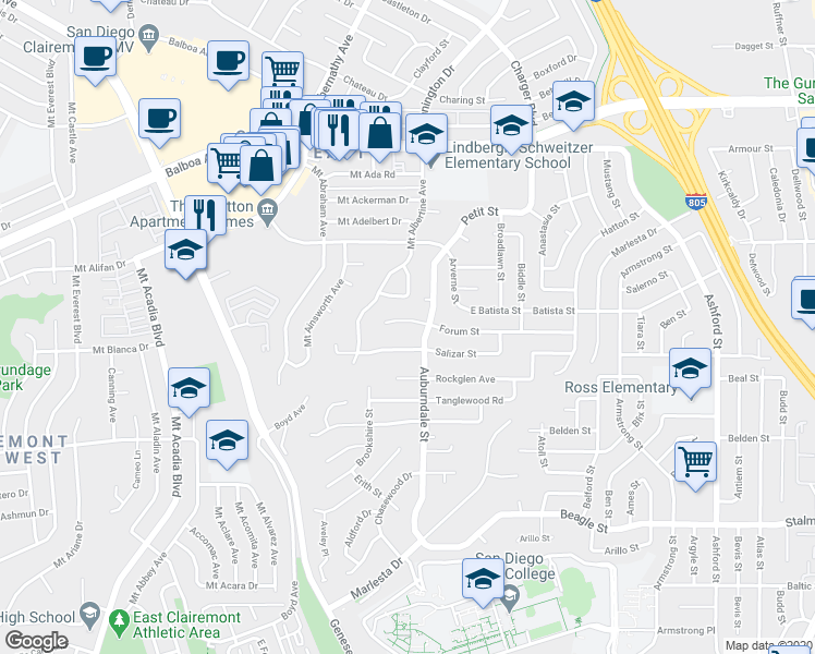 map of restaurants, bars, coffee shops, grocery stores, and more near 6626 Salizar Street in San Diego