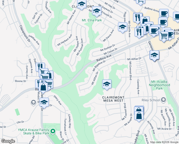 map of restaurants, bars, coffee shops, grocery stores, and more near 4615 Mount Bigelow Drive in San Diego