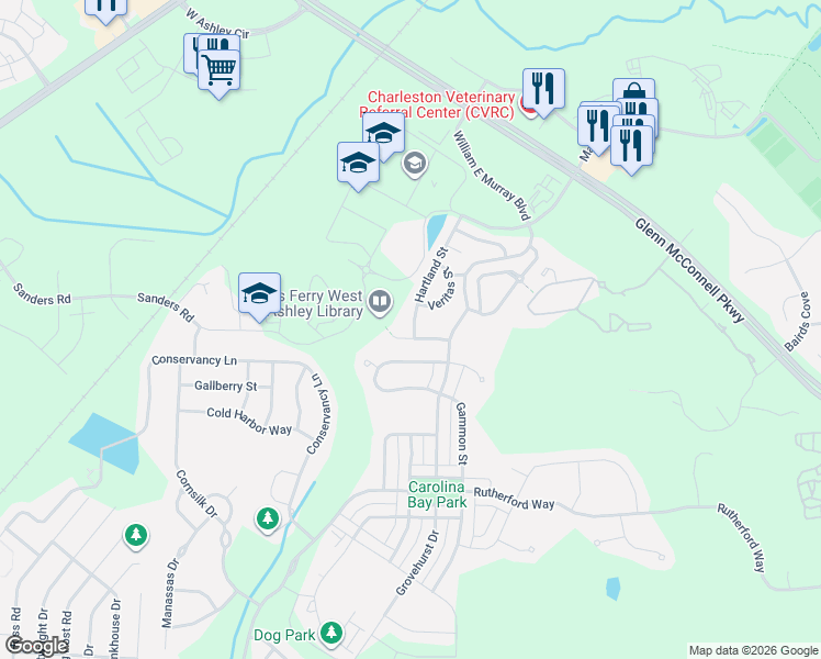 map of restaurants, bars, coffee shops, grocery stores, and more near 4145 Rigsby Lane in Charleston