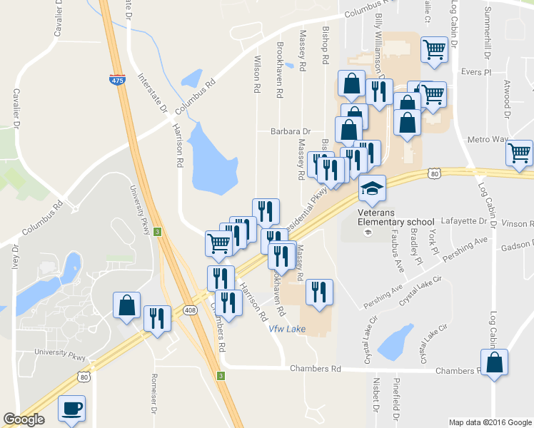 map of restaurants, bars, coffee shops, grocery stores, and more near 4861 Brookhaven Road in Macon