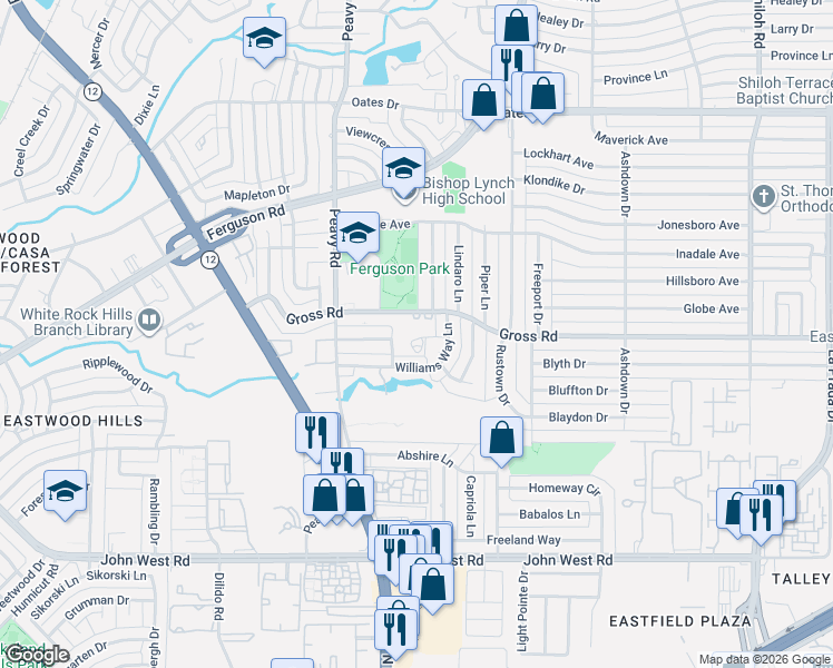 map of restaurants, bars, coffee shops, grocery stores, and more near 2815 Williams Way Court in Dallas