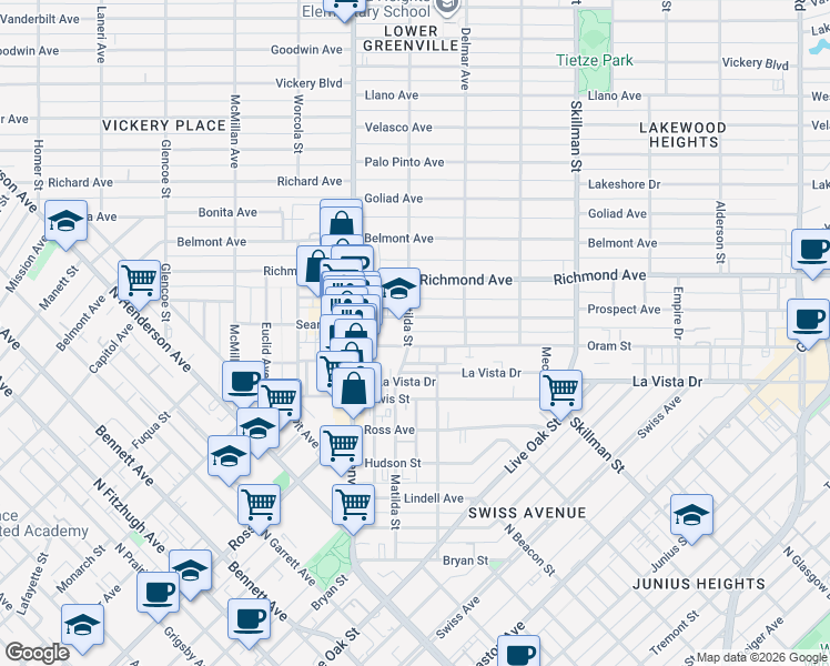 map of restaurants, bars, coffee shops, grocery stores, and more near 2002 Matilda Street in Dallas
