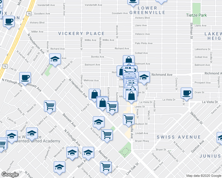 map of restaurants, bars, coffee shops, grocery stores, and more near 1921 Summit Avenue in Dallas
