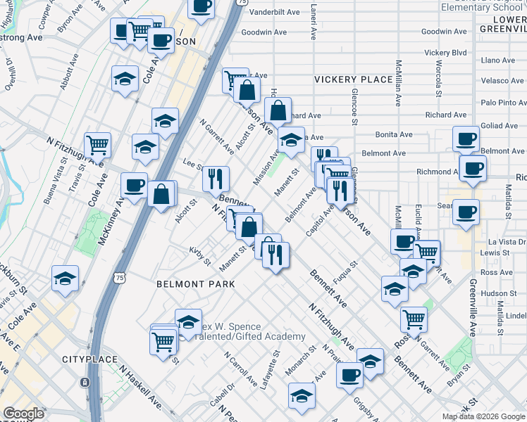 map of restaurants, bars, coffee shops, grocery stores, and more near 5001 Manett Street in Dallas