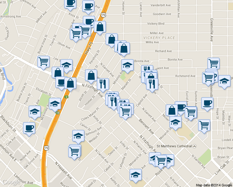 map of restaurants, bars, coffee shops, grocery stores, and more near 5001 Manett Street in Dallas