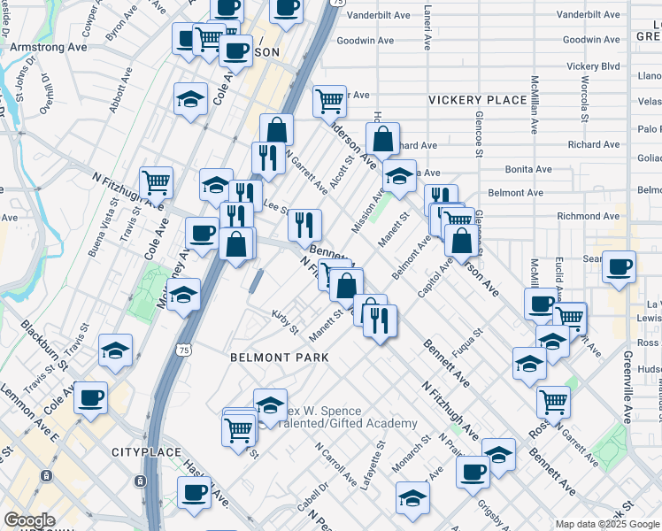 map of restaurants, bars, coffee shops, grocery stores, and more near 4912 Mission Avenue in Dallas