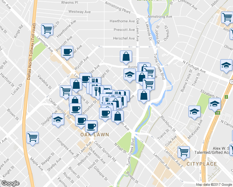 map of restaurants, bars, coffee shops, grocery stores, and more near 3633 Reagan Street in Dallas