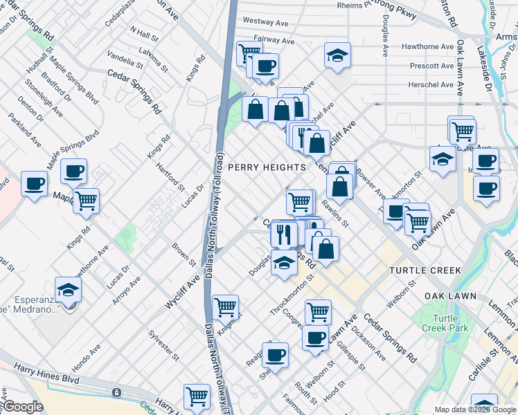 map of restaurants, bars, coffee shops, grocery stores, and more near 3101B Wycliff Avenue in Dallas