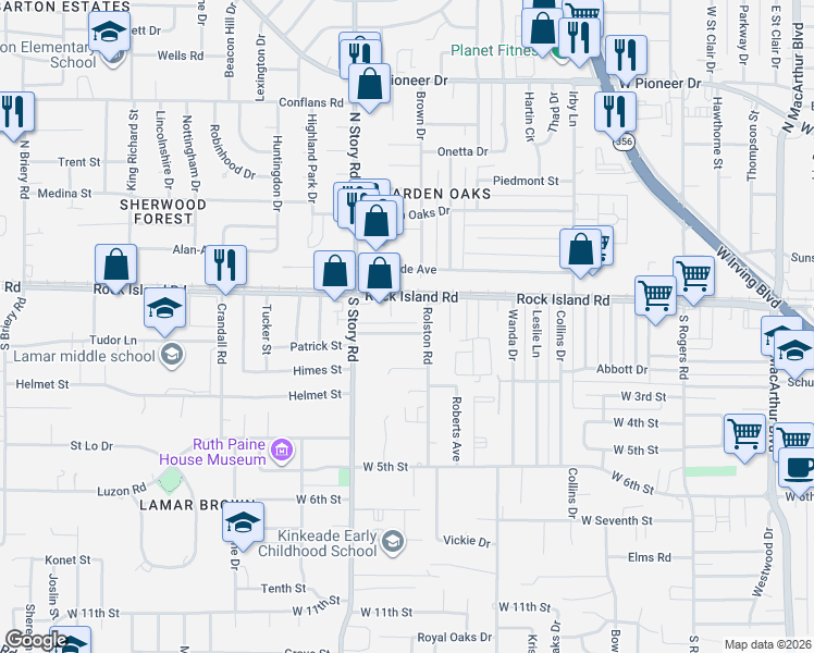 map of restaurants, bars, coffee shops, grocery stores, and more near 2300 Jimmydee Drive in Irving