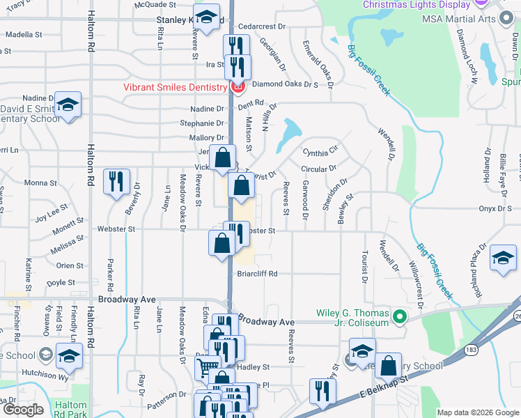 map of restaurants, bars, coffee shops, grocery stores, and more near 3506 North Hills Drive in Haltom City