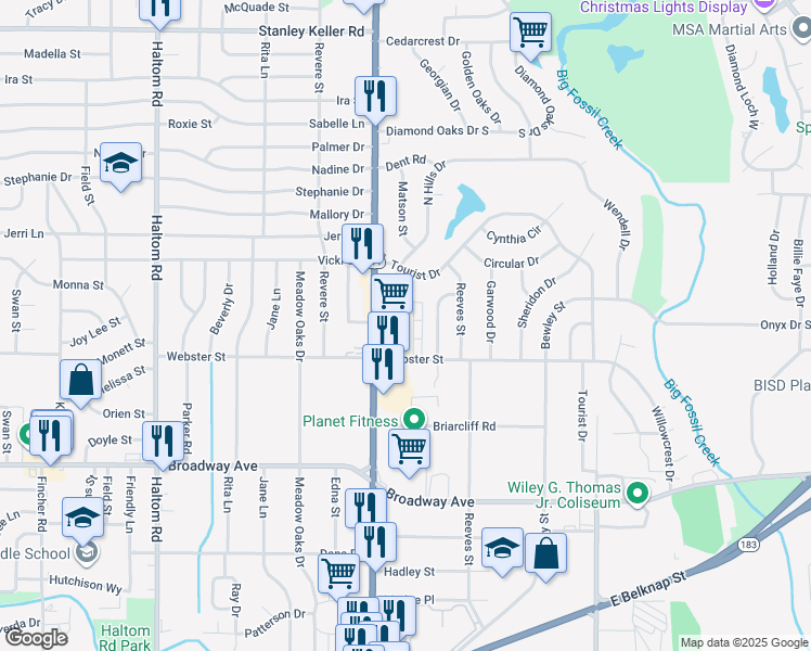 map of restaurants, bars, coffee shops, grocery stores, and more near 3506 North Hills Drive in Haltom City