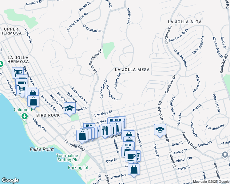 map of restaurants, bars, coffee shops, grocery stores, and more near 5490 Rutgers Road in San Diego
