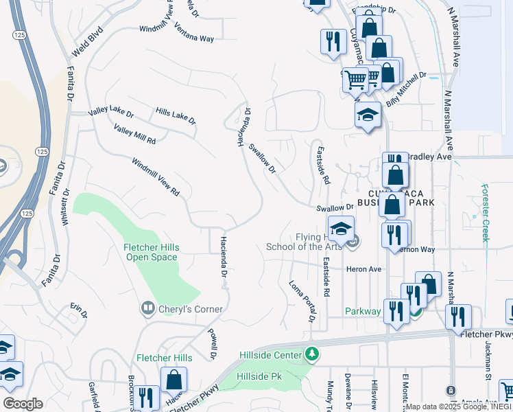 map of restaurants, bars, coffee shops, grocery stores, and more near 1388 Hacienda Drive in El Cajon