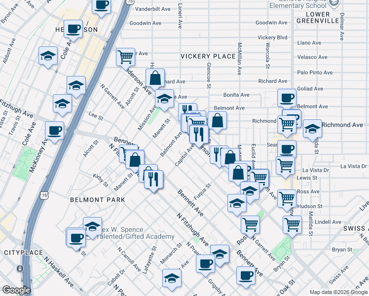 map of restaurants, bars, coffee shops, grocery stores, and more near 2433 Thatcher Drive in Dallas