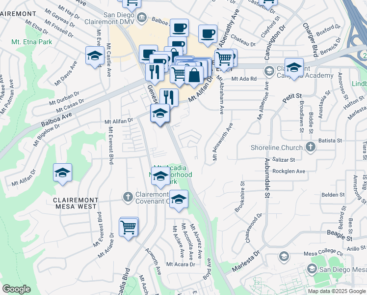 map of restaurants, bars, coffee shops, grocery stores, and more near Genesee Court in San Diego