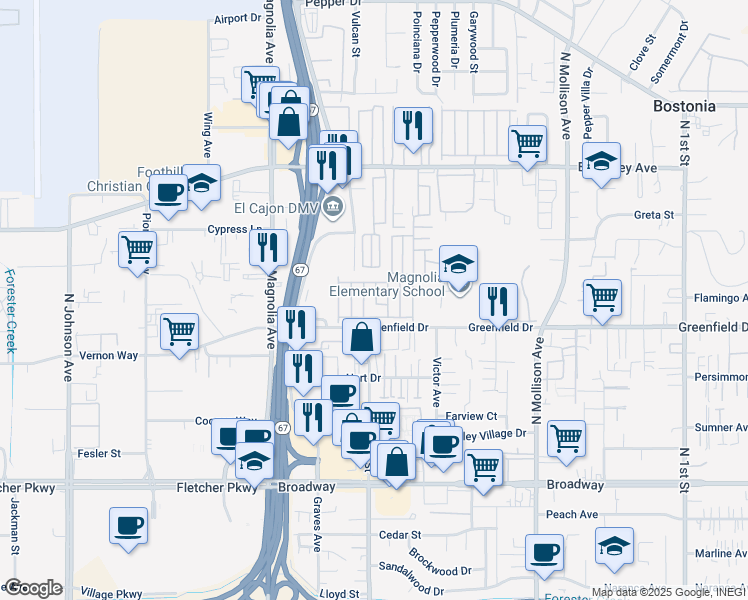 map of restaurants, bars, coffee shops, grocery stores, and more near 400 Greenfield Drive in El Cajon