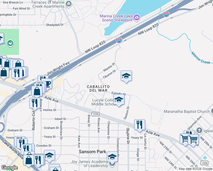 map of restaurants, bars, coffee shops, grocery stores, and more near 3928 Orcas Street in Fort Worth