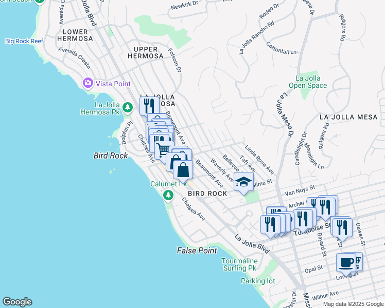 map of restaurants, bars, coffee shops, grocery stores, and more near 608 Forward Street in San Diego