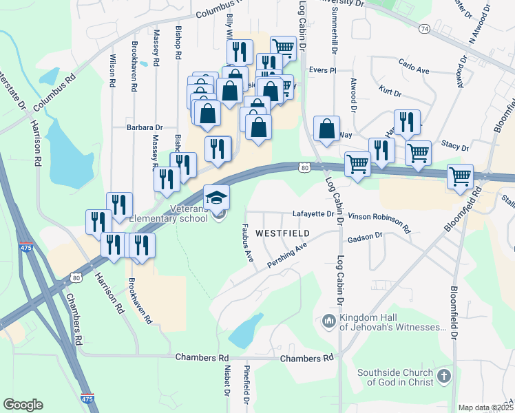 map of restaurants, bars, coffee shops, grocery stores, and more near 4168 Lafayette Drive in Macon