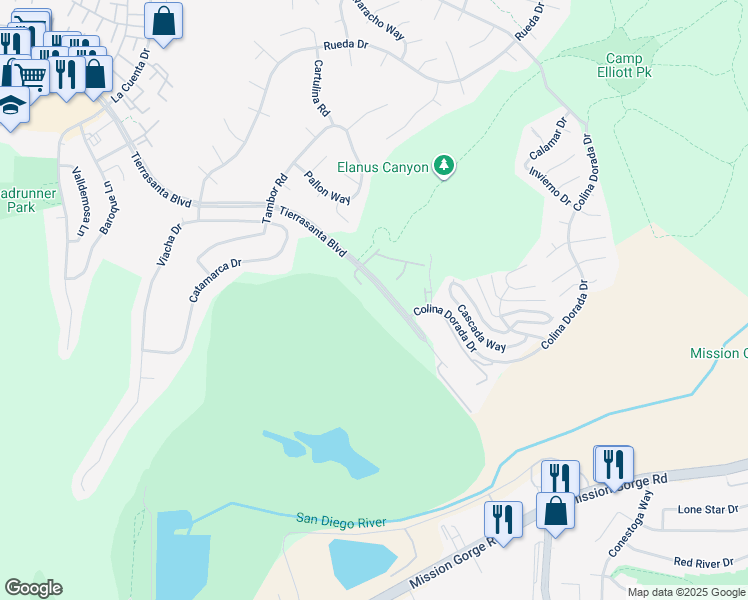 map of restaurants, bars, coffee shops, grocery stores, and more near 11255 Tierrasanta Boulevard in San Diego