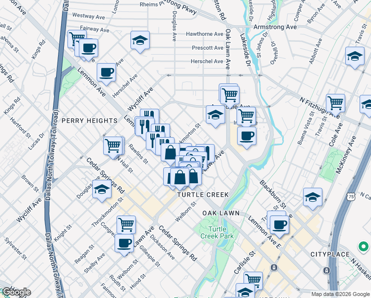 map of restaurants, bars, coffee shops, grocery stores, and more near 3633 Reagan Street in Dallas