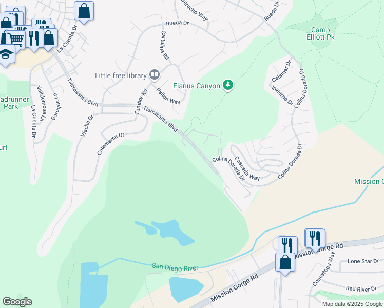 map of restaurants, bars, coffee shops, grocery stores, and more near 11233 Tierrasanta Boulevard in San Diego