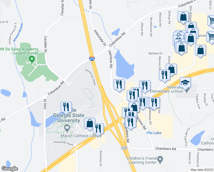 map of restaurants, bars, coffee shops, grocery stores, and more near 4901 Harrison Road in Macon